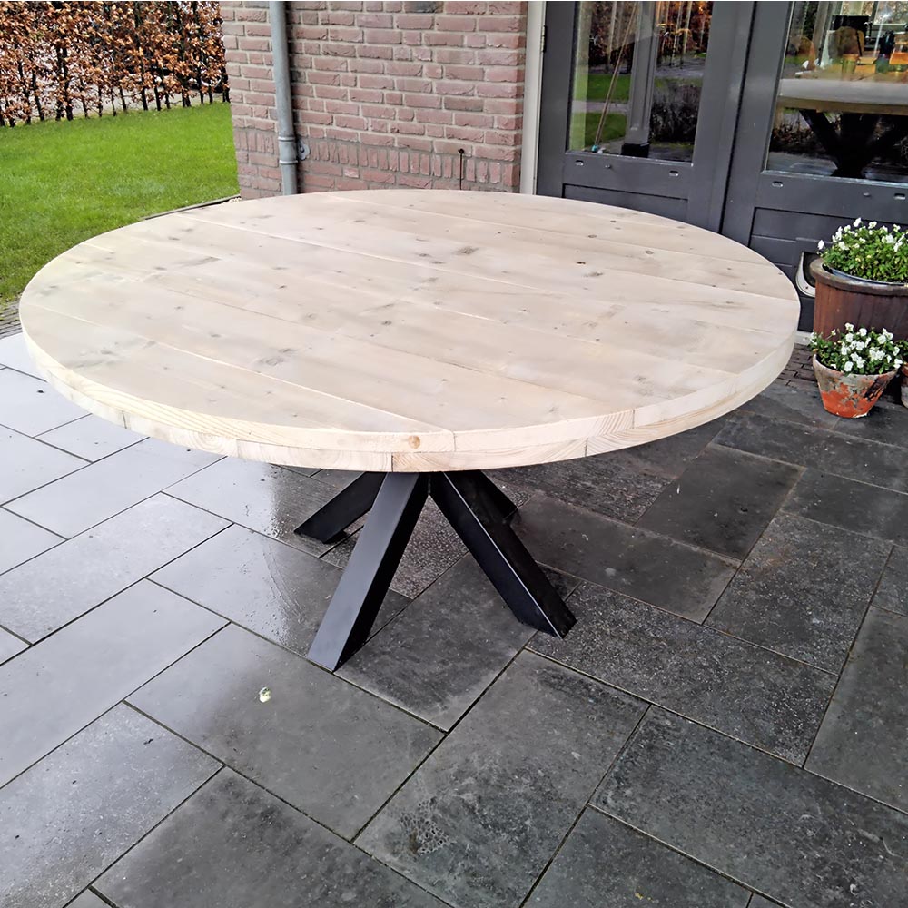 Opiaat Pogo stick sprong Persoon belast met sportgame Ronde houten tuintafel - Mooie ronde houten tafels voor buiten